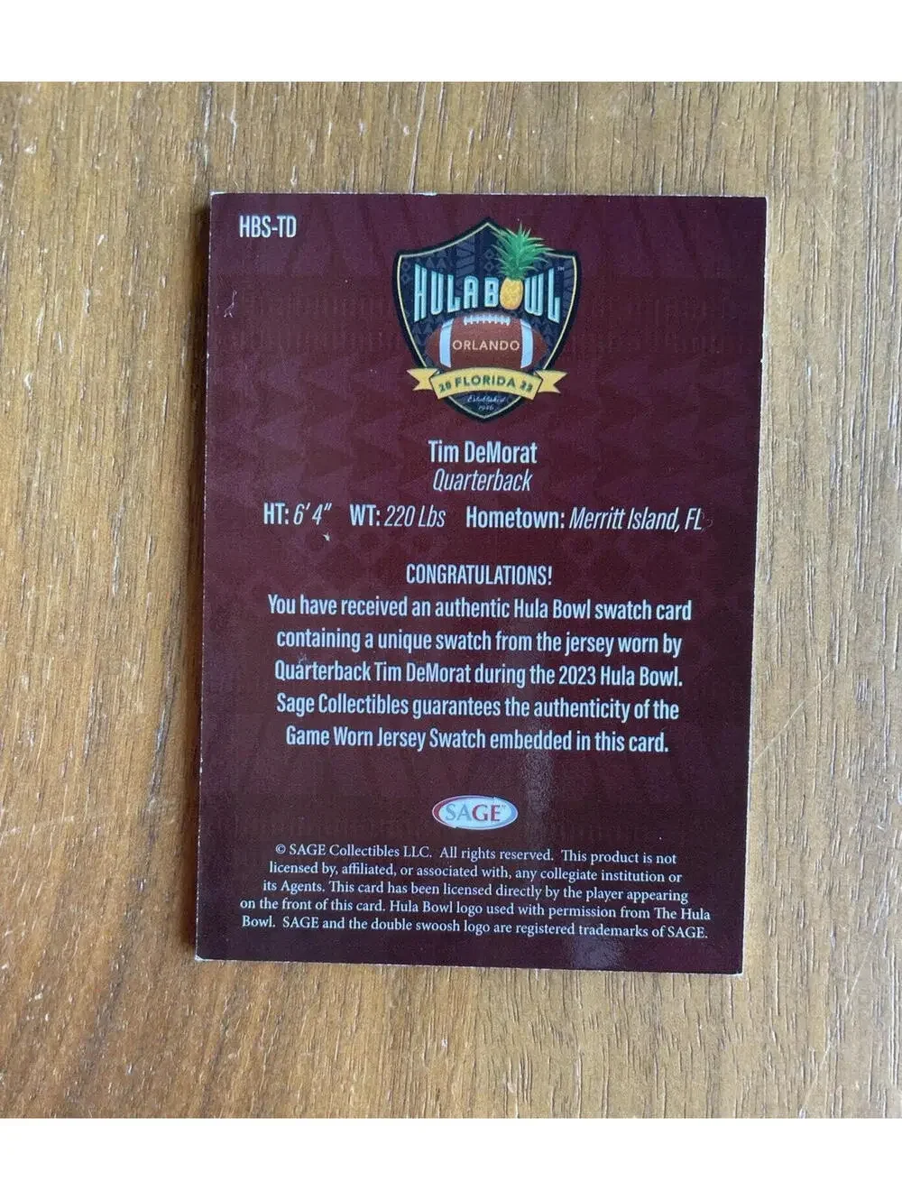 2023 Sage Hula Bowl Tim DeMorat Patch Football Card #HBS-TD